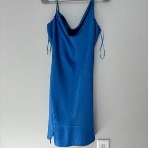 Sleeveless Blue Satin Dress With a Cowl Neck